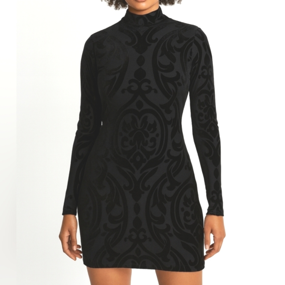 Ronni Nicole Black Velvet Flocked Sheath‎ Burnout Dress 8 Long Sleeve Mock Neck